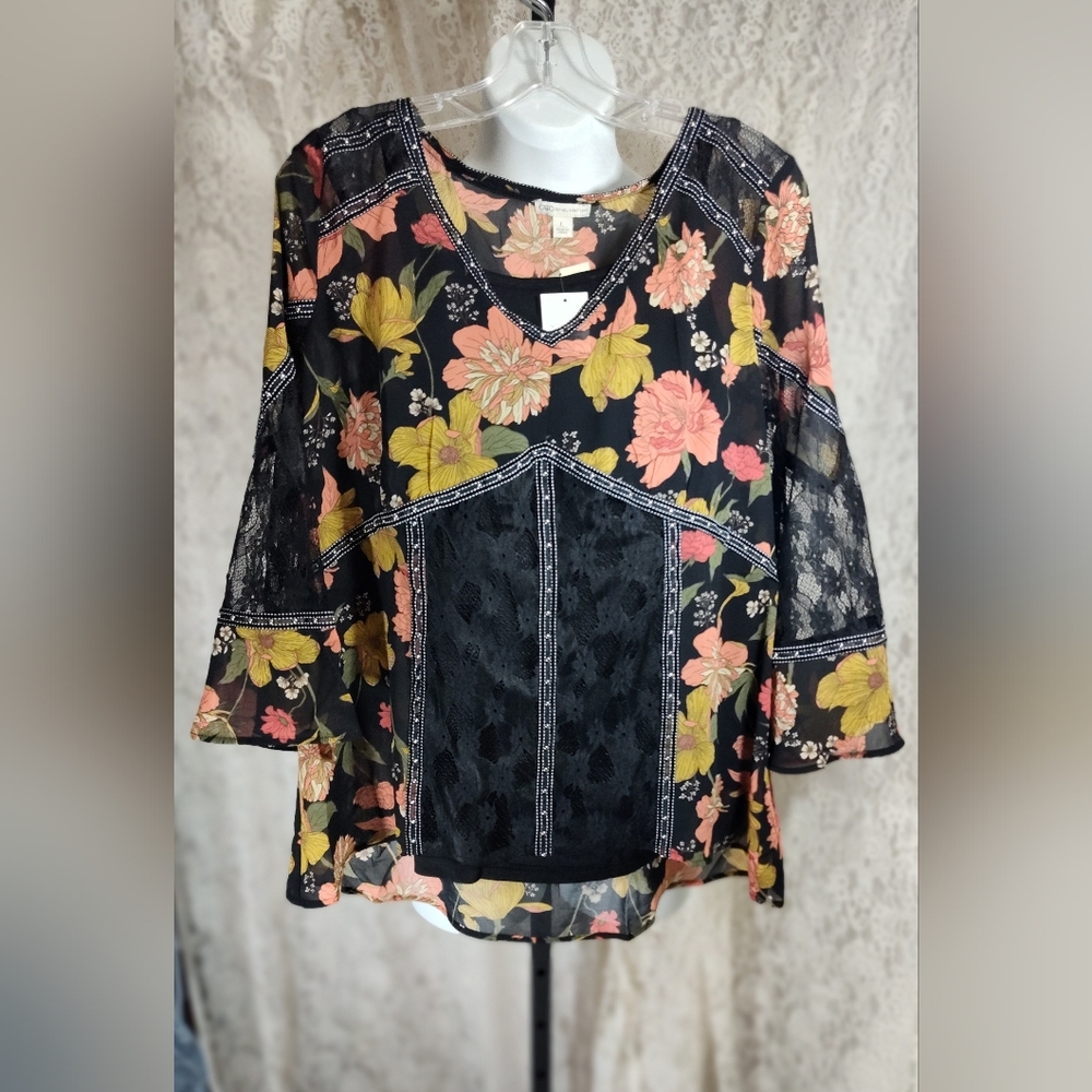 Floral  Black and Yellow Orange  Blouse With Camisole